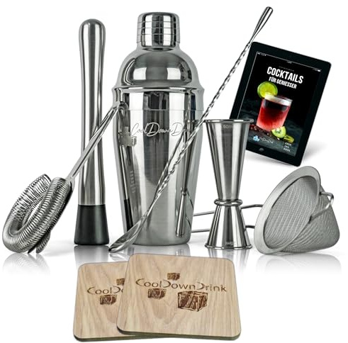 Cocktail Shaker Set mit Cocktail Shaker aus Edelstahl, 8-Teilig, mit Cocktailbuch 168 Seiten eBook auf Deutsch, Cocktail Set/Cocktail Shaker Edelstahl/Cocktail Zubehör/von CoolDownDrink
