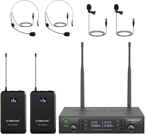 Phenyx Pro Kabelloses UHF-Mikrofonsystem, Auto-Scan-Mikrofon-Set mit 2 x 100 Frequenzen, 2 Bodypacks und Headsets/Ansteckmikrofone für Sprechen, Singen, Kirche, DJ (PTU-71-2B)
