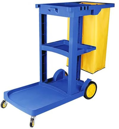 Janitorial Trolley, Cleaning Cart On Wheels Multipurpose with 3 Tier Shelve Oxford Bag side Hook Design & swivel for Housekeeping Commercial Cart Hotel Office. blue