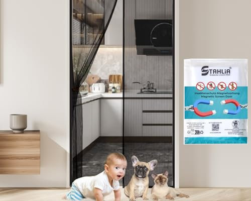 Stahlia Fliegengitter Tür mit Magnet Polyester 85x210cm Schwarz Fliegenschutz Balkontür Magnetvorhang DIY Moskitoschutz Insektenschutz Tür Mückennetz