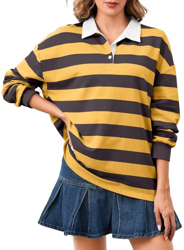 Soamat Women's Oversized Striped Polo Sweatshirt Long Sleeve Rugby Collared Pullover Tops Loose Fit Shirt Yellow Grey