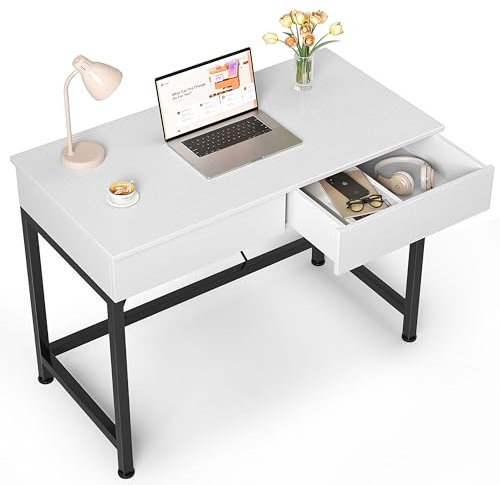 CAIYUN Schreibtisch mit 2 hölzernen Schubladen, Home Office Computertisch mit Lagerung, einfache Moderne Kinder Schreibtisch, Arbeit Studie PC Tisch Officetisch für kleine Räume(Weiß, 100x50x73cm)