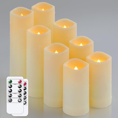 Yeelida Wasserdichte Packung mit 8 Flammenlosen 5,5cm x10 12,5 15 17,5cm LED Kerzen mit 2 Fernbedienungen & Timerfunktion, Batteriebetriebene Flackernde Elfenbein Plastikkerzen für draußen