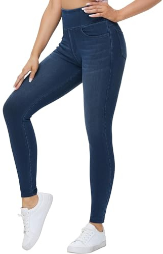 THE GYM PEOPLE Women's Stretchy High Waisted Skinny Jeans Ladies Tummy Control Jeggings Leggings with Pockets,Dark Blue,M