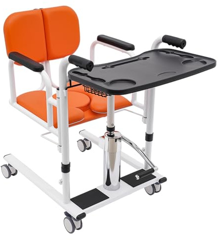 VonVVer Toilettenstuhl mit Rollen - Hydraulischer Patientenlift Transportrollstuhl Höhenverstellbar Duschstuhl mit Bremsen 150 kg Belastbar Nachtstuhl Transferhilfe für Senioren Behinderte (Orange)