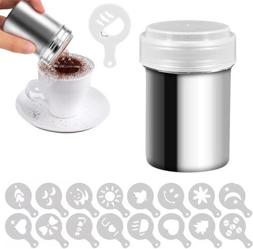 Flycppo 1 Cocteleras de Chocolate con 16 Moldes de Capuchino,Espolvoreador Cacao con Malla Tapa de Acero Inoxidable,Esparcir Cacao en Polvo para Harina de Cacao,Azúcar,Sal
