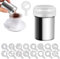 Flycppo 1 Pièces Shaker à Poudres en Acier Inoxydable avec 16 Pochoirs à Café,Saupoudreuse à Sucre Glace,Shaker à Farine,Shaker Chocolat pour Epices,Cacao,Cappuccino