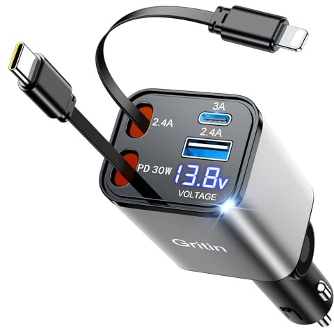 Gritin 4 in 1 Zigarettenanzünder USB C 69W Auto Ladegerät Adapter Kfz 12V, Camping Wohnmobil Auto Zubehör, Travel Essentials mit Spannungsanzeige, Car Accessoires für iPhone & Galaxy usw. -Silber