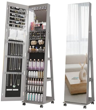 HXYhydrypd 360° Drehbarer Schmuckschrank mit Spiegel, Standspiegel Schmuckkasten mit Feststellbaren Rollen for Das Wohnzimmer(Gray)