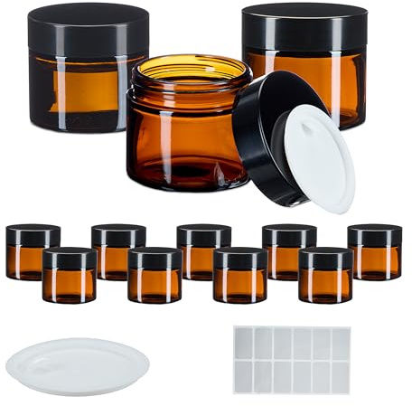 Relaxdays salvanvändare, 12-pack, 60 ml, brunt glas, brun/svart | burk med skruvlock, skyddsskivor, etiketter