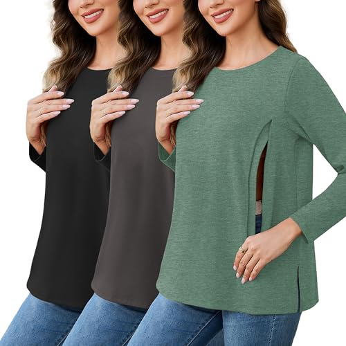 Love2Mi, confezione da 3 pezzi di magliette per l'allattamento da donna con cerniera, per l'allattamento libero, maglietta per la gravidanza, top per l'allattamento, S