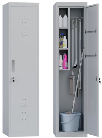 71 Broom Cupboard Free Standing, Lockable Metal Cleaning Cupboard with Shelves, Hanging Rods & S Hooks, Utility Storage Cabinet for Brooms, Mops, Garage, Laundry Room, Bathroom, Office(1 Door）