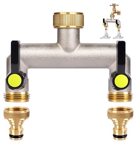 ilauke 2-Wege Wasserhahn Wasserverteiler, Verlängerter Griff, Verteiler Wasser 3/4 Zoll Messing Wasseranschluss Verteiler mit mit 2 Stück 3/4 Zoll auf 1/2 Zoll Hahnanschluss für Haus,Hof/Waschmaschine