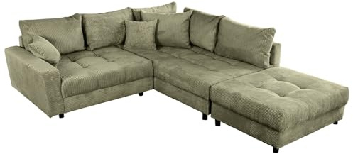 Riess Ambiente Modernes Ecksofa Kent 220cm - grün - Cord inkl. Hocker L-Form Wohnlandschaft mit Federkern bequem Couch