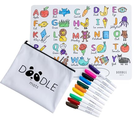 Doodle Mats Reusable Alphabet Colouring Mat for Kids | ABC Educational Play Mat with 10 Washable Pens & Carry Case | Mess Free Travel Toy, Eco Friendly, Reusable Learning Gift | A3 Size