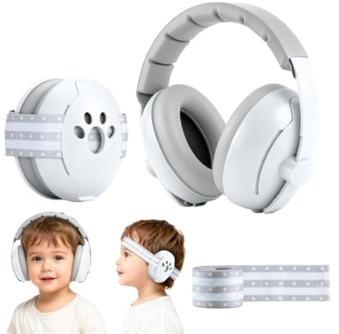Aischens Casque Anti Bruit Bébé, Protections Auditives pour Bébés et Enfants, avec Réduction de Bruit, Casques Antibruit Réglable pour Bébés, Casques de Protection Auditive de bébé (Blanc Gris)