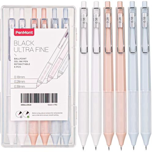 PenMont Retractable Gel Roller Pens, Japanese Pen Style, Ultra Fine Point (0.18mm / 0.28mm / 0.38mm), Quick Dry Black Gel Ink, Precise and smooth writing, Comfortable Grip, 6-Count Pack