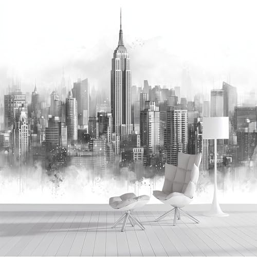 Papel Pintado Pared Horizonte De La Ciudad De Nueva York Papels Tapiz, Estilo Acuarela Murales Decoración De Pared, Gris Fotomurales Para Salón Dormitorio Fondo de TV, 350x256cm