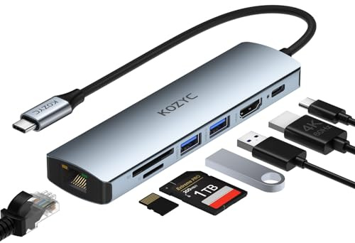 USB C Hub HDMI Ethernet, KOZYC 7 in 1 USB C Hub HDMI 4K @ 60Hz, 1Gbps Ethernet, 100W PD Charging, 2 USB 3.0 Data, SD/TF Card Slots Port, for Laptop, MacBook Pro, iPad, UHDTV, Steam Deck