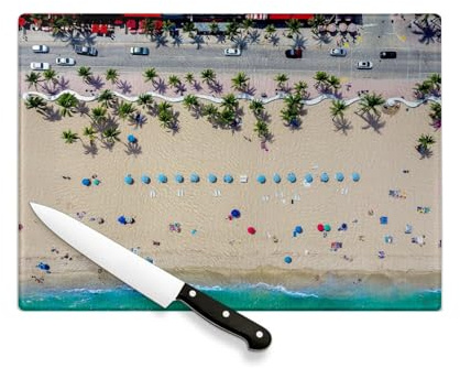 Planche à Découper en Verre Trempé - Vue Aerienne de Plage Vacances Tropique Miami - Protection Plan de Travail et Dessous Plat Résistant Chaleur 2 Tailles Imprimé en France