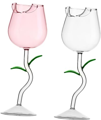 POPETPOP Copas de Vino Multifunción de Cristal Diseño de Rosa, Juego de 2 Piezas (150 Ml Transparente Hoja Verde 150 Ml Rosa Hoja Verde), Copa Alta para Cócteles y Fiestas Románticas