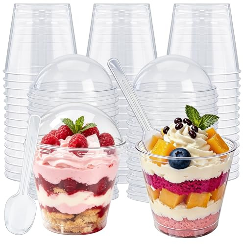 chuanhylis 50 Stück Hartplastik Dessertschalen, Wiederverwendbar Transparent Dessertgläser Plastik，200 ml Dessertgläser Plastik mit Deckel, für Pudding Eiscreme Party Picknick