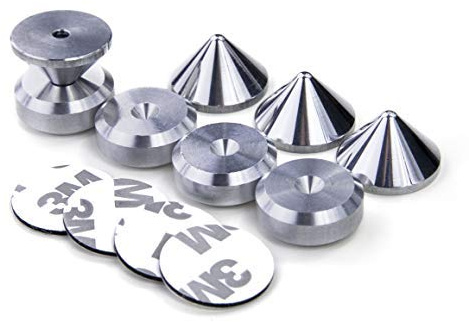PrecisionGeek Högtalarspikar och kuddar, aluminium, 20 mm diameter, koniska spikar med självhäftande dubbelsidiga kuddar, fasade kuddar för hifi, skåp, soundbar