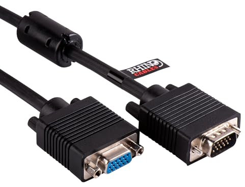 rhinocables VGA Extension Cable 1m – 15 Pin VGA Male to Female Lead to Connect Monitor, PC, Laptop, Projector | High-Performance Shielded Video Cable | Black Computer Screen Connector