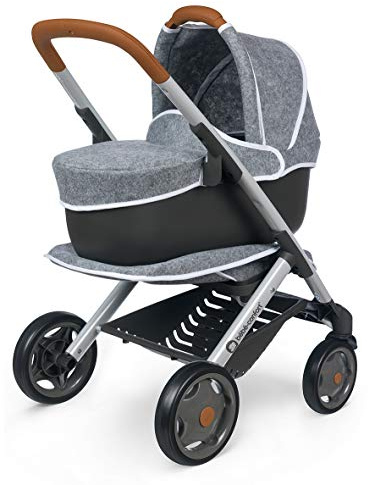 Smoby 253105 Baby-Kinderwagen + Kinderwagen, grau, 3-in-1, für Puppen und Puppen, leise, Rollen, mehrere Richtungen, Aufbewahrungskorb