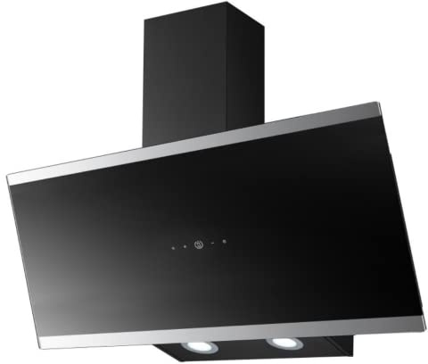 PKM Schräghaube S33-90A+BTH | Kopffreihaube | Dunstabzugshaube | 90 cm Breite | Glas mit Edelstahl | schwarz | Touch Control und Display | Abluft | Umluft