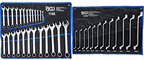BGS 1196 | Maul-Ringschlüssel-Satz | 25-tlg. | SW 6 - 32 mm | inkl. Tetron-Rolltasche | Gabelringschlüssel + Doppel-Ringschlüssel-Satz | 12-tlg. | gekröpft | SW 6 x 7 - 30 x 32 mm