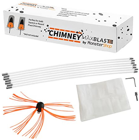 Chimney Cleaning Kit Drill Powered Sweeping-Brush Rotary Brush Cleaner 12m Fireplace Wood Burner Flue Reinforced Nylon Flexible Rods Free Dust Sheet & Storage Bag Includes Drill Adapter & Allen Key