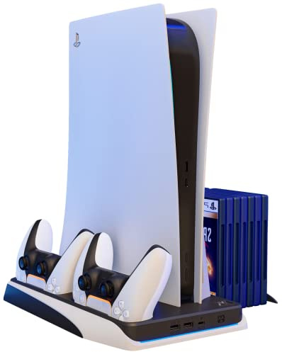 Support PS5 avec Ventilateur de Refroidissement pour PlayStation 5, Chargeur de Manette PS5 avec indicateur LED, Station de Charge PS5 avec Stockage de 12 disques de Jeu. Disponible en Blanc ou Noir.