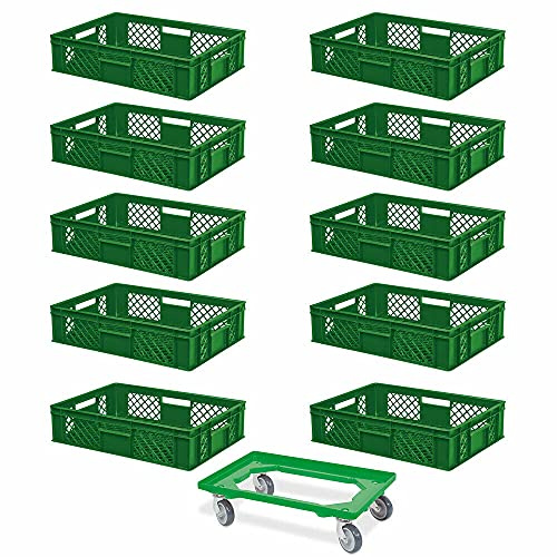 BRB 10 Eurobehälter, LxBxH 600x400x150 mm, Industriequalität, lebensmittelecht + 1 Transportroller mit Deck aus bruchsicherem ABS-Kunststoff (grün/grün)
