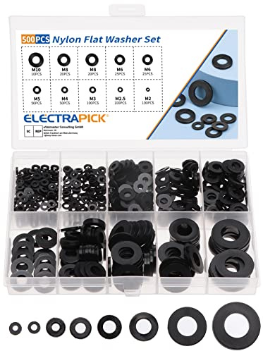 ELECTRAPICK 500Pcs Black Nylon Flat Washers, Compatible with 8 sizes- M2 M2.5 M3 M4 M5 M6 M8 M10 Tap Sealing Gasket Washers for Plumbing, Tap, Mechanical Repair