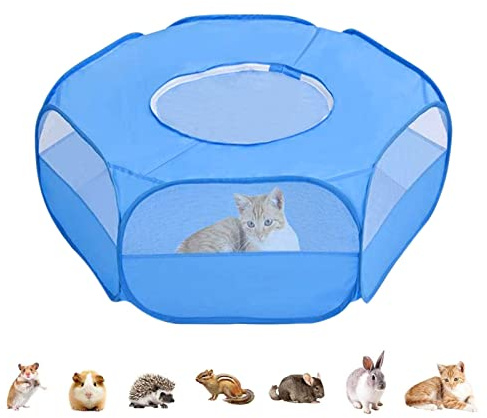 Hileyu Parc pour Petits Animaux Cage pour Petit Animal de Compagnie Tente avec Couverture Pliable Intérieur Extérieur Exercice Portable Clôture de Jardin pour Hamster Lapin Chaton Écureuil Chiot Blue