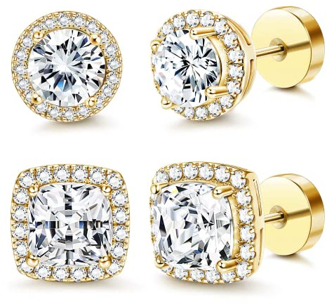 2 Paar Ohrstecker Edelstahl Herren Damen Hypoallergene - Brillant Rund & Quadrat Cubic Zirkonia Ohrstecker Ohrringe Stecker mit Halo Design, Schnuck Geschenke Silber/Glod/Schwarz