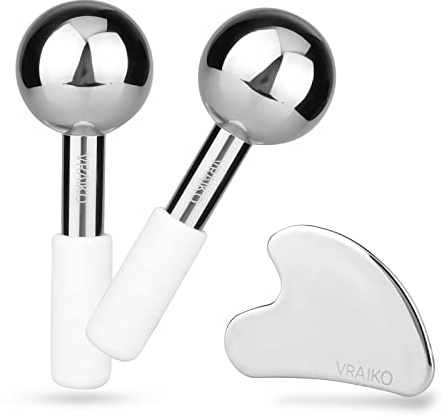 VRAIKO ICES Globes Gua Sha Set, herramientas faciales Gua Sha, acero irrompible, masajeador facial, rodillos refrescantes para ojeras, hinchazón y drenaje linfático (Blanco)