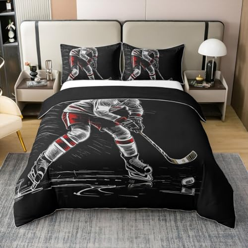 Erosebridal 100% Cotton Ice Hockey Duvet Cover Full, Sports Game Bedding Set for Boys Teens, Puck Player Winter Event Comforter Cover, Athlete Silhouette Bedroom Decor Quilt Cover