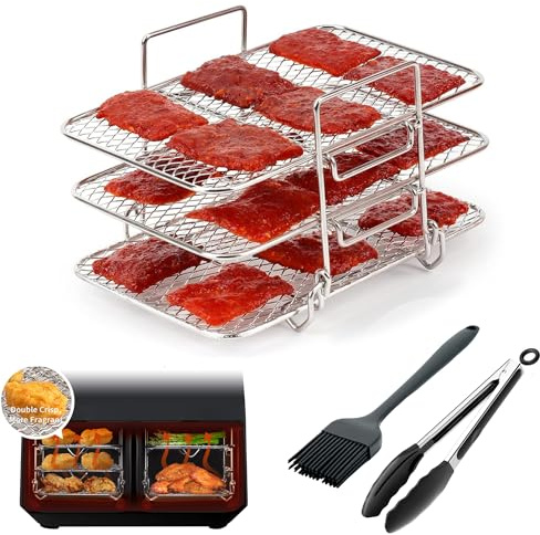Kufixy Air Fryer Rack 3 Layers with Silicone Tong and Brush - Grade 304 Stainless Steel Rack Air Fryer Accessories Compatible with Most Air Fryer Microwave Ovens and More