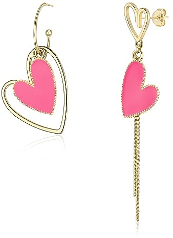 EVER FAITH - Orecchini asimmetrici a forma di cuore, pendenti uno diverso dall’altro, colore rosa e oro, Cristallo