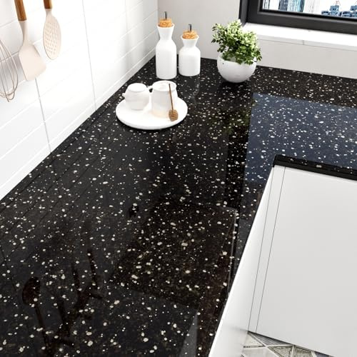 HotDecor Papier peint autocollant en vinyle noir brillant pour meubles, plan de travail de cuisine, rouleau de plastique autocollant en plastique, 60 cm x 300 cm
