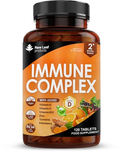 Vitamin D3 Immune Booster Complex - with Vitamins D,C, B12, Zinc, Turmeric & Elderberry - Immune Support - Made in The UK - Immunity Booster by New Leaf 120 Tablets