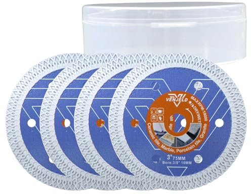 Diamanttrennscheibe 75mm Fliesenscheibe - 4 tlg. Trennscheiben X Mesh mit Bohrung 10mm für Keramik-Porzellan-Fliesen Marmor-Kunststein VENJELD