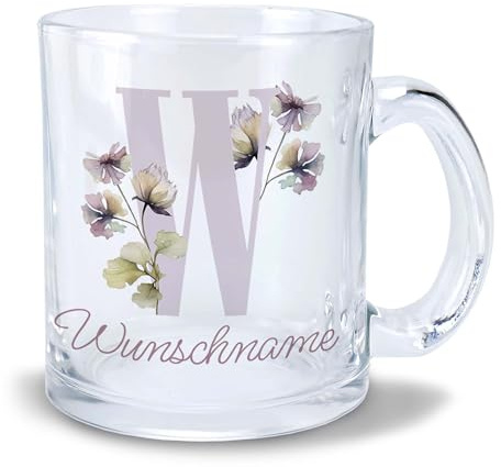 Kiwistar Tasse transparent Glas - Name Blumen - individuell personalisiert mit Wunschtext bedruckt - Texttasse selbst gestalten - Tassen selber personalisieren - Spruch - Geschenk - Motivtasse