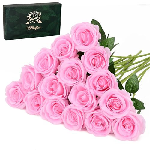 Waipfaru 16 Stück Valentinstag Blumen, künstliche Rosen mit langen Stielen, Seide rosa Rosen Blumenstrauß für Hochzeit Vase Muttertag Blumenarrangement Heimdekoration (Rosa)