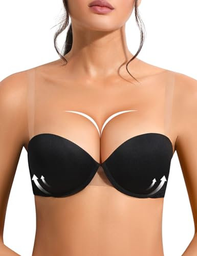 YANDW Push Up axelbandslös BH Multiway Super vadderad Add 2 kupa stöd med transparenta remmar bygel spets Demi BHS, svart, 70A