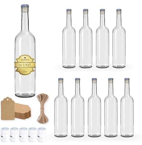 Espirito Rebelde 10 bottiglie di vino in vetro da 750 ml, con tappo incapsulato argentato, 10 sigilli + 10 etichette Kraft + spago - ideali per alcol e altre bevande, souvenir e cocktail