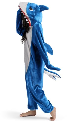 Spooktacular Creations Blauer Hai-Pyjama-Plüschkostüm für Damen mit Hutschwanz für Anzieh-Rollenspielpartys, Halloween-Kostüm-L