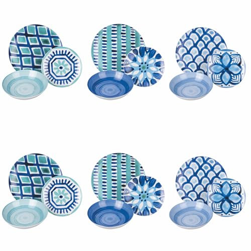 Villa d'Este Home Tivoli Servizio piatti 18 pezzi in porcellana, 3 posti tavola diversi, Aquazul
